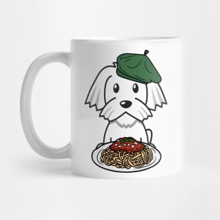 Cute white dog eating spaghetti Mug